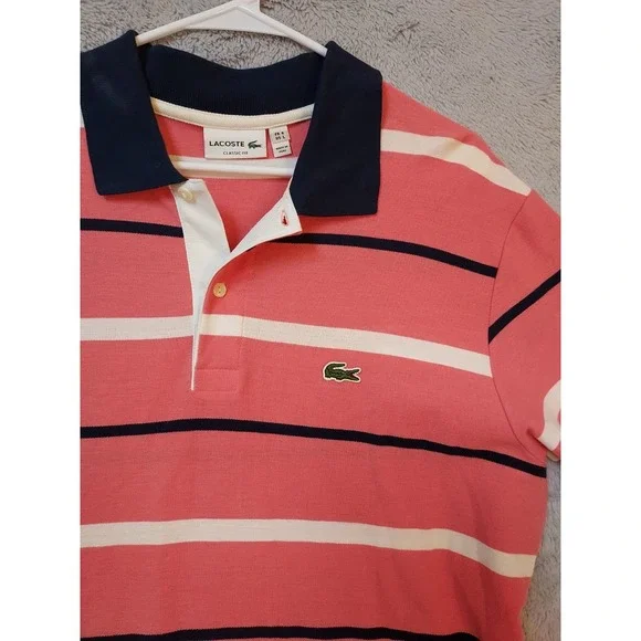Lacoste Polo Shirt Mens Large Size 7 Striped Pink Classic Fit Preppy Contrast L - Picture 5 of 9